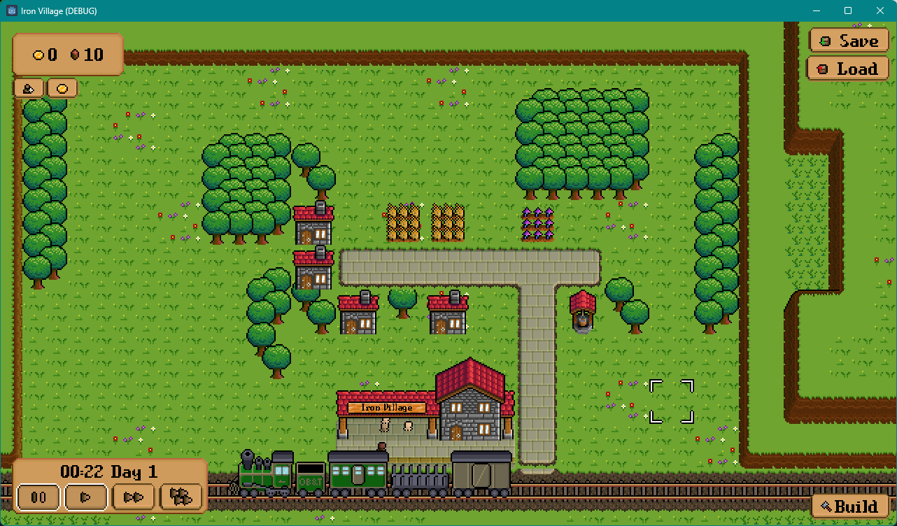 A screenshot of Iron Village, after plopping down some buildings and roads. Pay no attention to the incorrect Z layering.